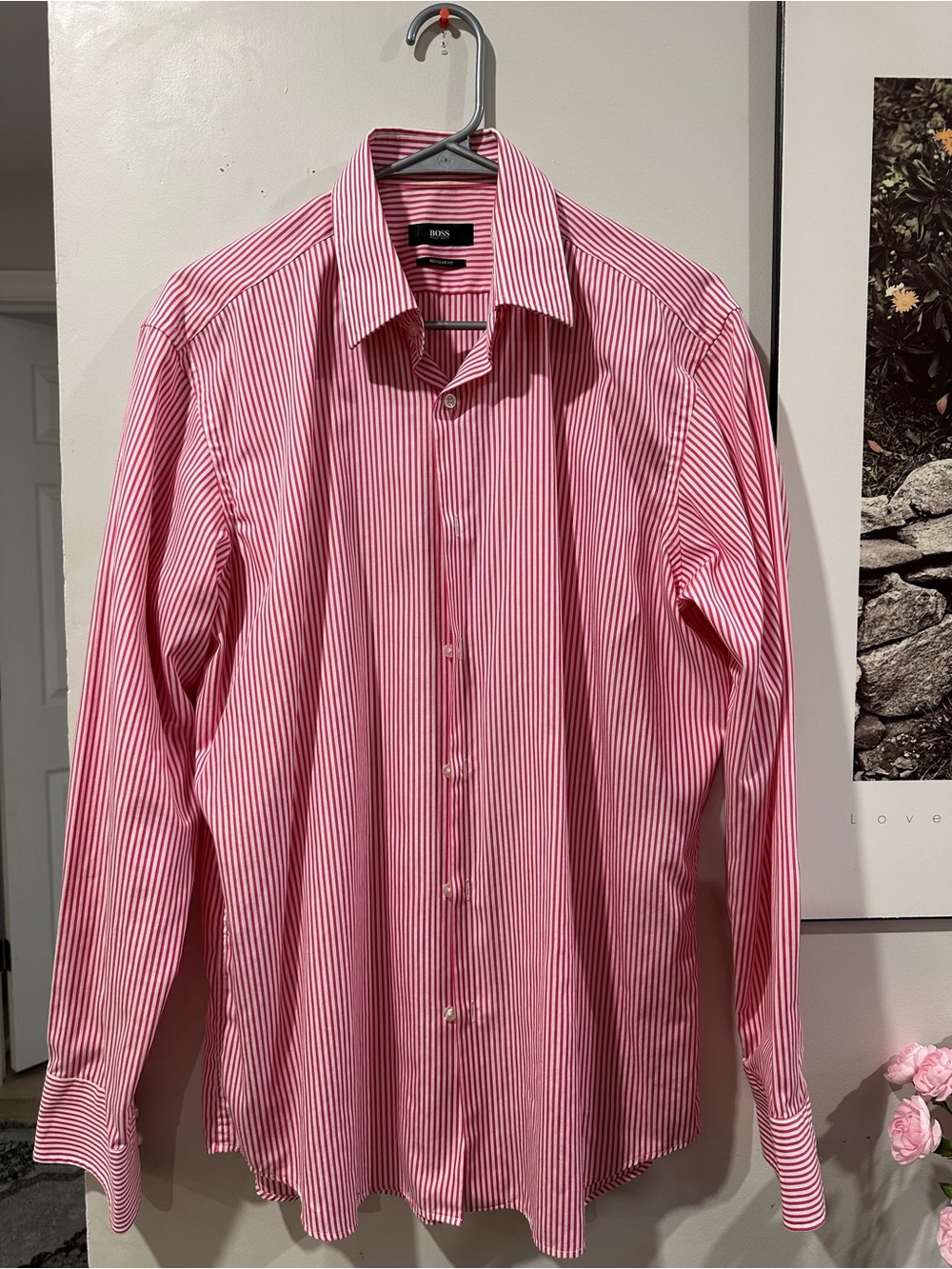 BOSS Men's Pink and White Striped Dress Shirt